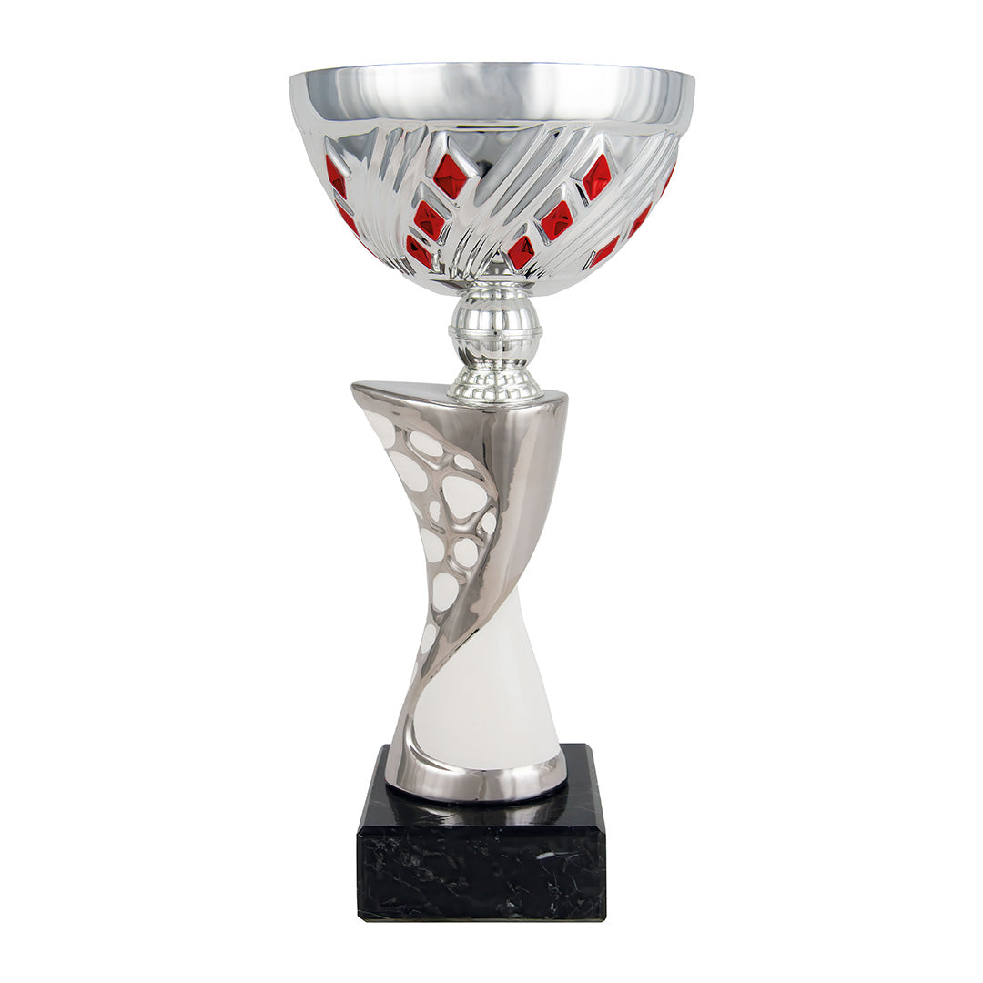 Copa Plateada con Cuenco Rombos Rojos y Tallo Torsionado Calado Blanco