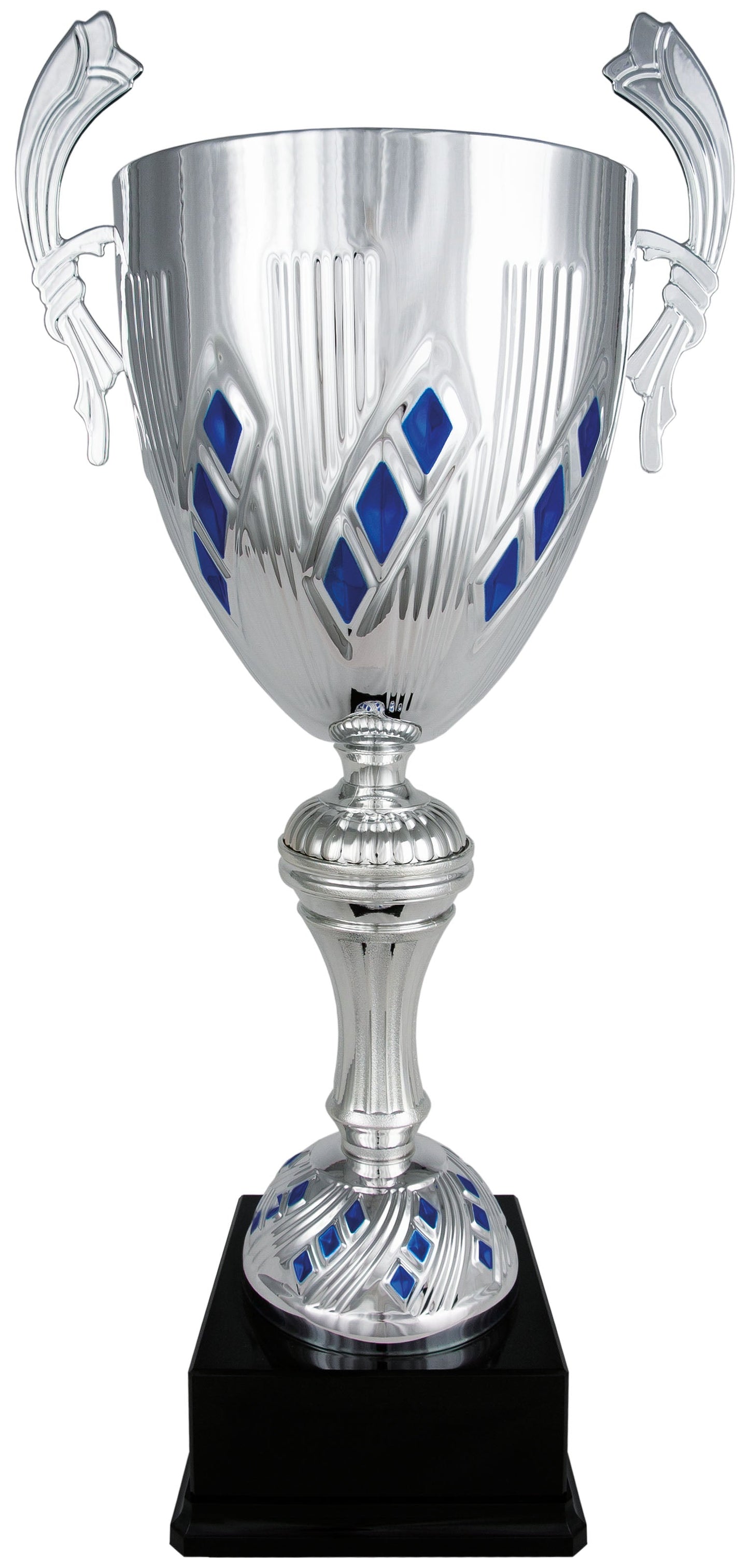 Copa Plateada con Rombos Azules y Peana de Balón - Trofeos Robles
