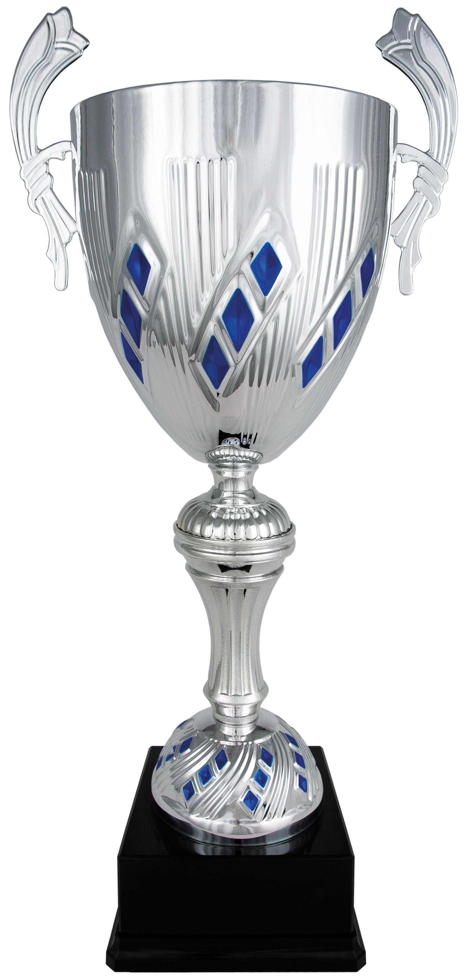 Copa Plateada con Rombos Azules y Peana de Balón - Trofeos Robles