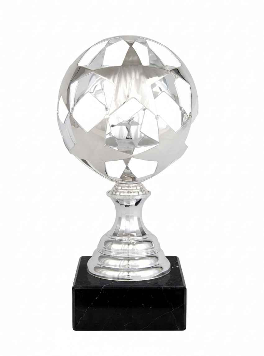 Trofeo Fútbol Balón Plateado Facetado sobre Tallo y Peana de Mármol Negro