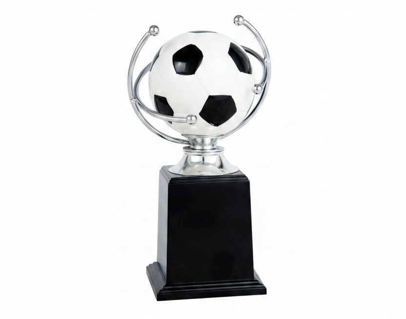 Trofeo Fútbol Balón Giratorio Plateado con Base de Mármol Negro