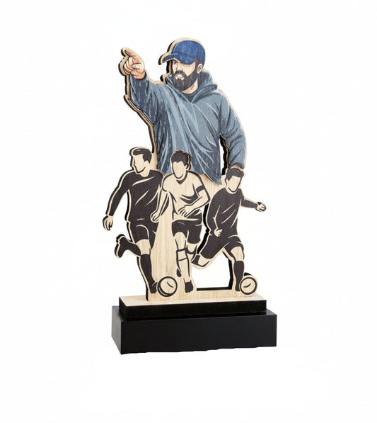 Trofeo Fútbol Madera Entrenador con Jugadores Grabados sobre Base Negra