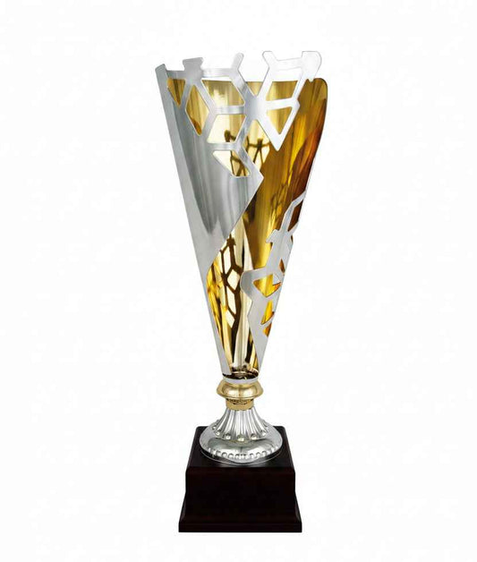 Copa Bicolor Cáliz Dorado y Plata con Hexágonos Calados y Franjas en Espiral