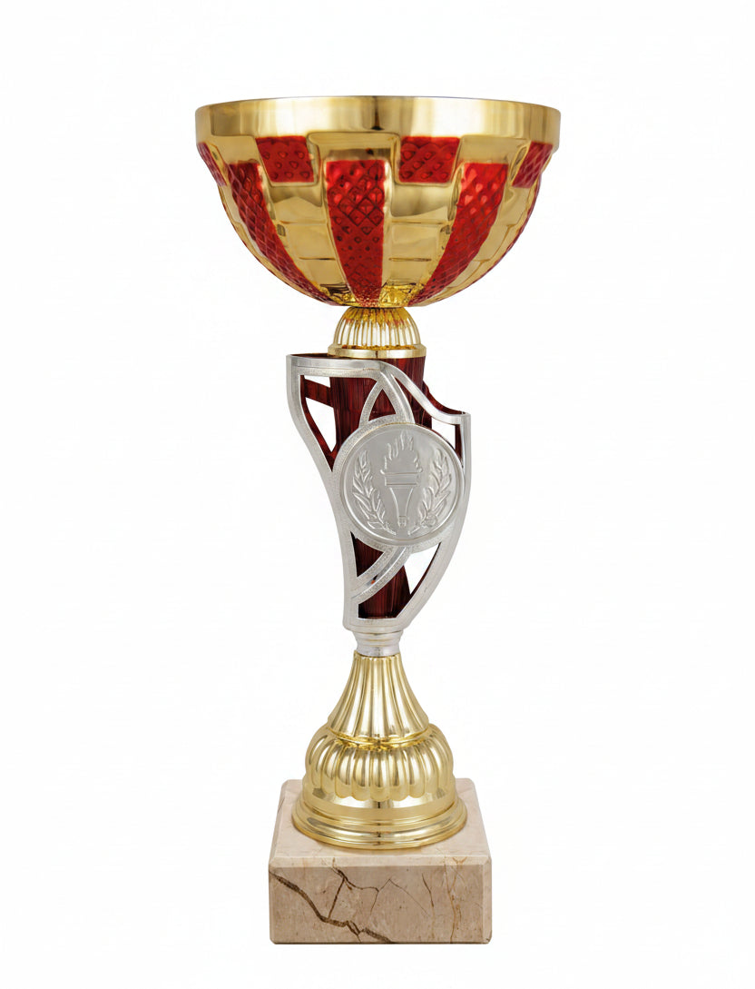 Copa Dorada Cuenco en Damero Rojo y Tallo Calado Burdeos-Trofeos Robles