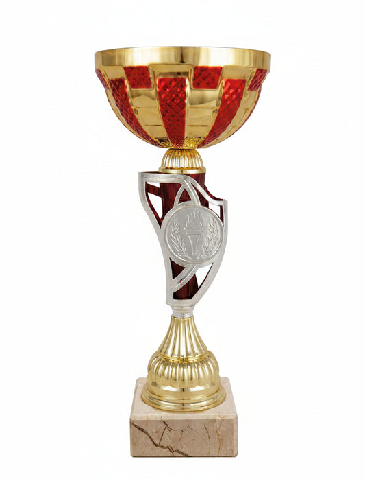 Copa Dorada Cuenco en Damero Rojo y Tallo Calado Burdeos-Trofeos Robles