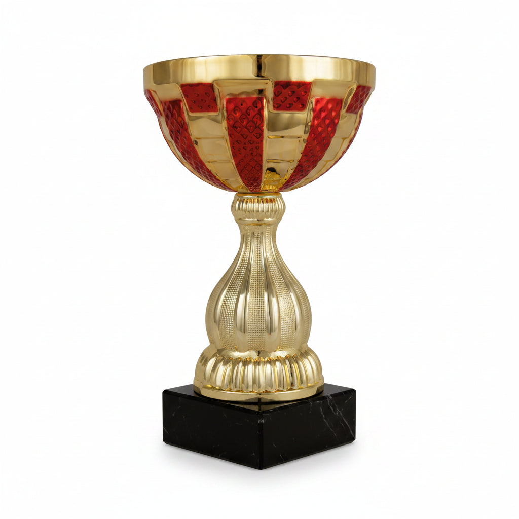 Copa Dorada con Cuenco Rojo en Damero y Tallo Acanalado-Trofeos Robles