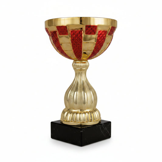 Copa Dorada con Cuenco Rojo en Damero y Tallo Acanalado-Trofeos Robles