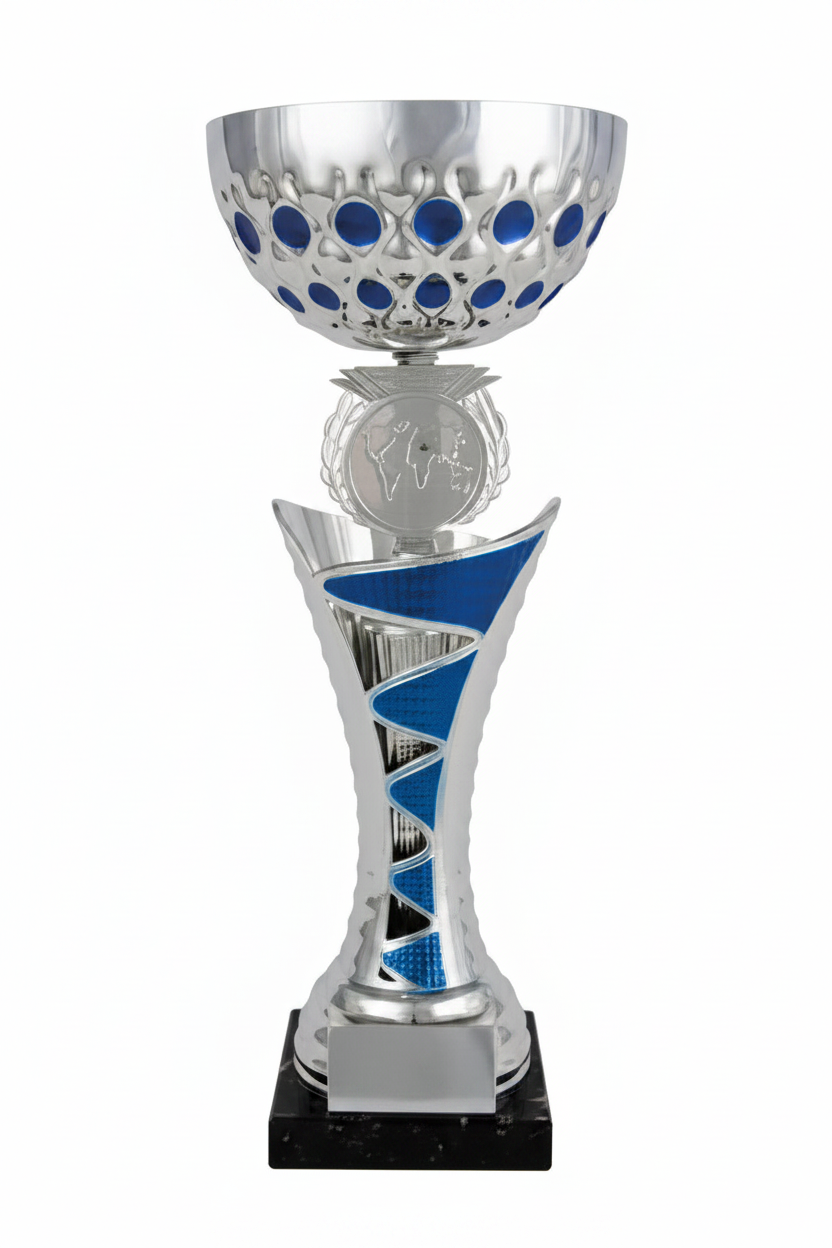 Copa Plateada Cuenco Círculos Azules Tallo Franjas Azules-Trofeos Robles