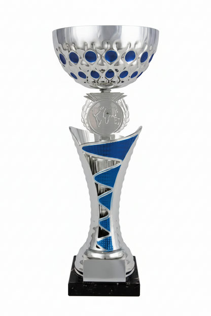 Copa Plateada Cuenco Círculos Azules Tallo Franjas Azules-Trofeos Robles