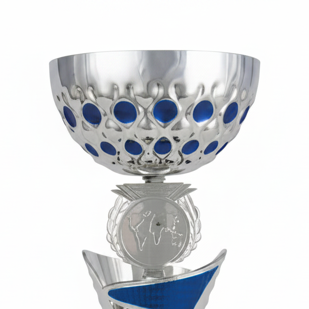 Copa Plateada Cuenco Círculos Azules Tallo Franjas Azules-detalle