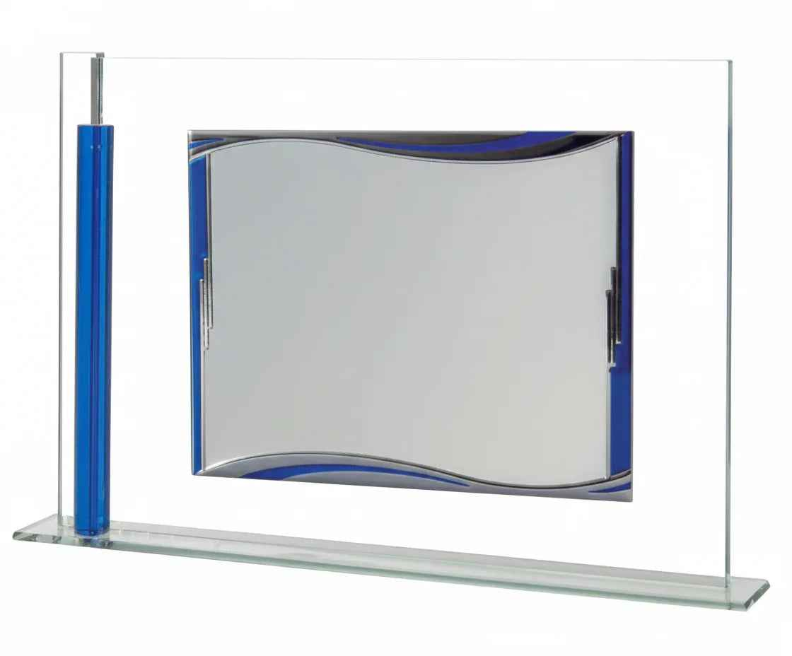 Placa homenaje sobre cristal marco azul