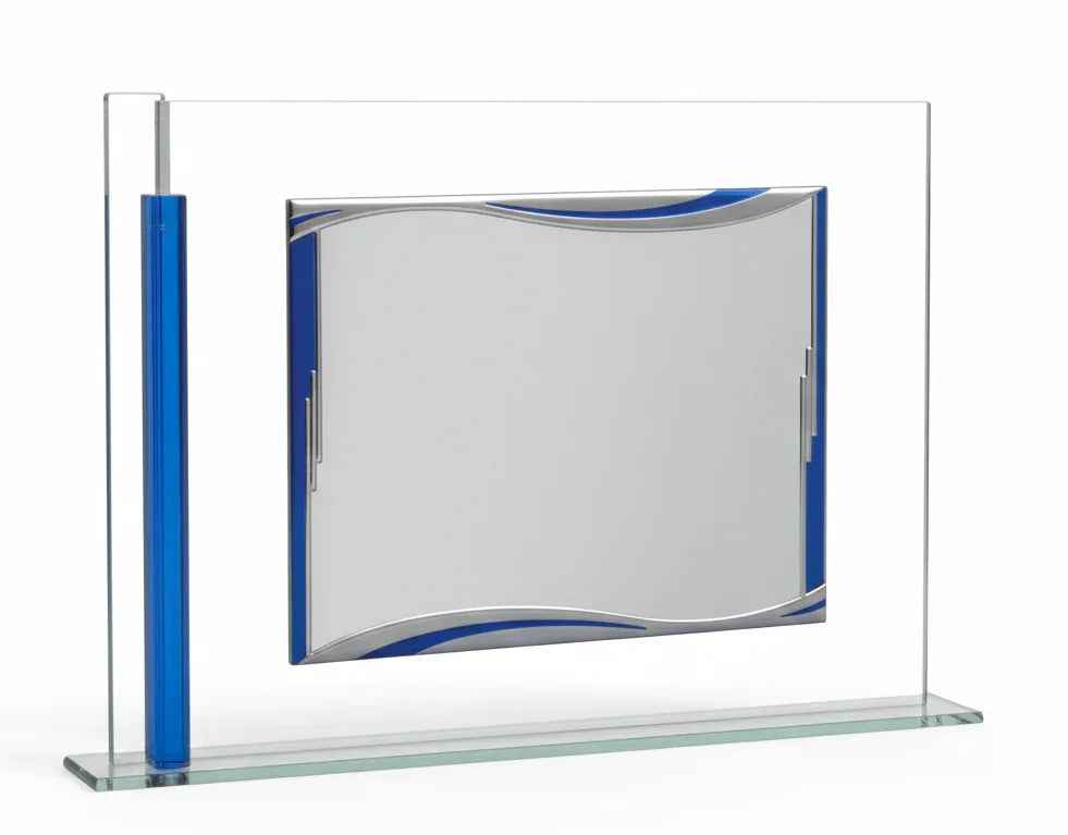 Placa homenaje sobre cristal marco azul