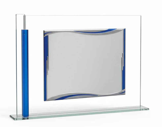 Placa homenaje sobre cristal marco azul