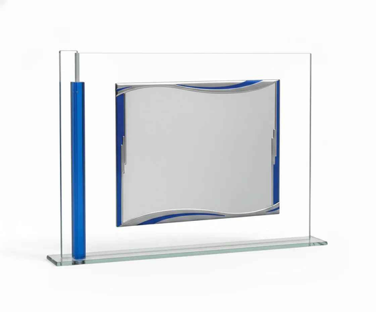 Placa homenaje sobre cristal marco azul
