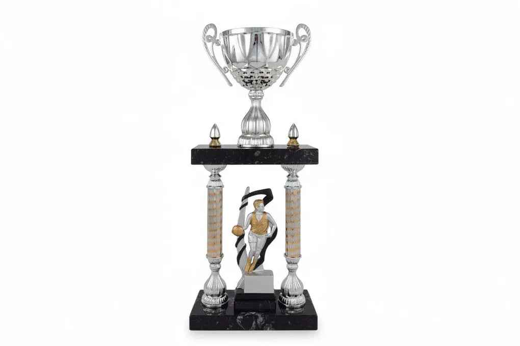 Trofeo Copa Plateada con Columnas y Base de Mármol Negro