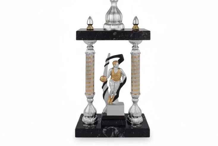 Trofeo Copa Plateada con Columnas y Base de Mármol Negro