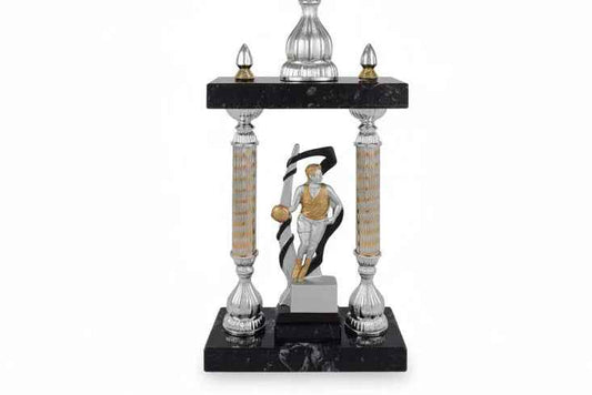 Trofeo Copa Plateada con Columnas y Base de Mármol Negro