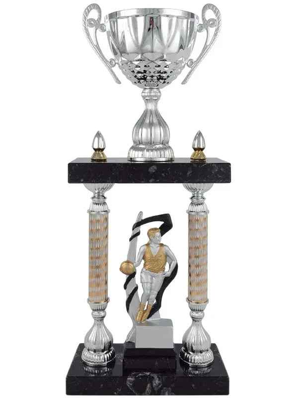 Trofeo Copa Plateada con Columnas y Base de Mármol Negro