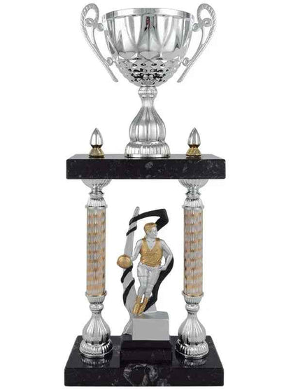 Trofeo Copa Plateada con Columnas y Base de Mármol Negro