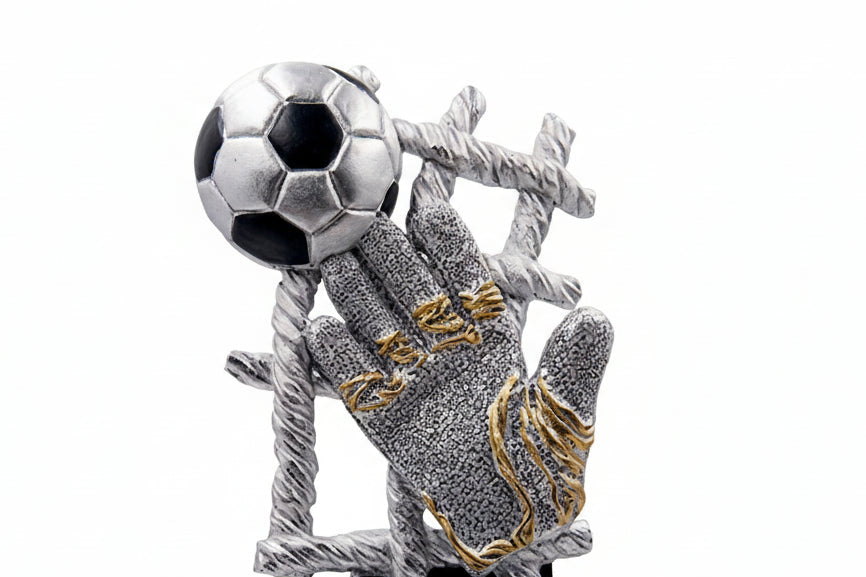 Trofeo Fútbol Guante Portero y Balón Bronce Plateado Negro-detalle