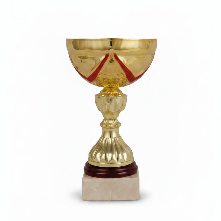 Trofeo Copa Hexagonal Oro y Rojo con Base de Madera-Trofeos Robles