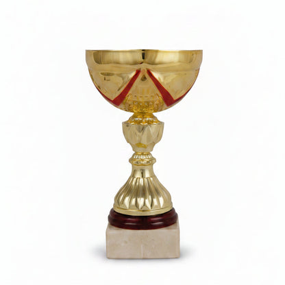 Trofeo Copa Hexagonal Oro y Rojo con Base de Madera-Trofeos Robles