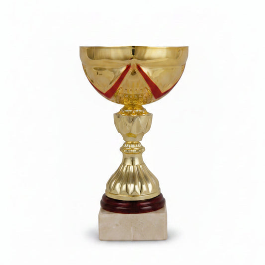 Trofeo Copa Hexagonal Oro y Rojo con Base de Madera-Trofeos Robles