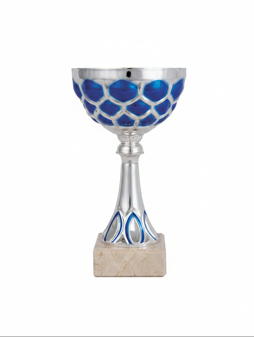 Trofeo Copa Hexagonal Plata y Azul sobre Peana de Mármol-Trofeos Robles