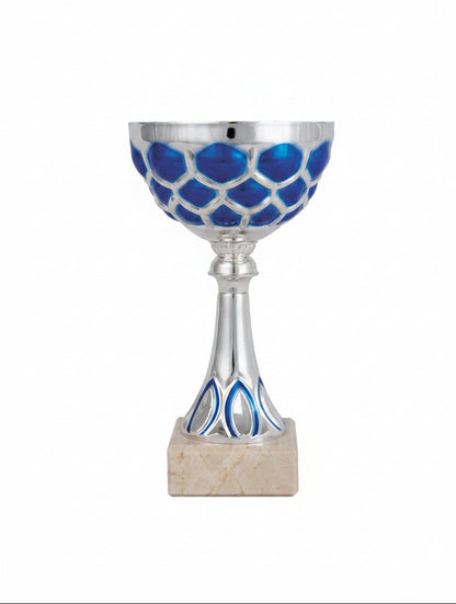 Trofeo Copa Hexagonal Plata y Azul sobre Peana de Mármol-Trofeos Robles