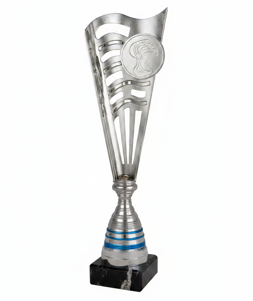 Trofeo Copa Plateada Calada con Anillos Azules y Peana de Mármol Negro-Trofeos Robles