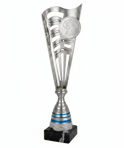 Trofeo Copa Plateada Calada con Anillos Azules y Peana de Mármol Negro-Trofeos Robles
