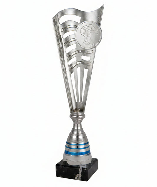 Trofeo Copa Plateada Calada con Anillos Azules y Peana de Mármol Negro-Trofeos Robles