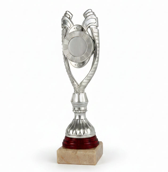 Trofeo Copa Plateada Clásica con Asas en Voluta, Disco Central y Peana de Mármol-Trofeos Robles
