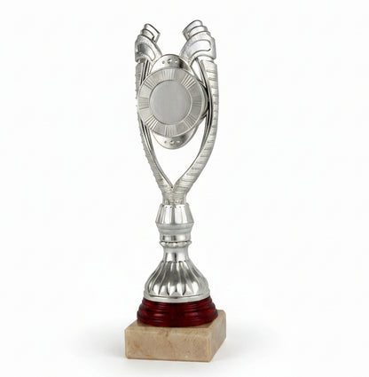 Trofeo Copa Plateada Clásica con Asas en Voluta, Disco Central y Peana de Mármol-Trofeos Robles
