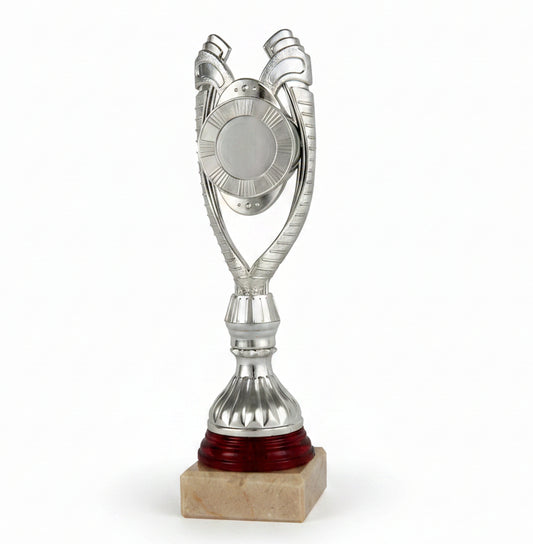 Trofeo Copa Plateada Clásica con Asas en Voluta, Disco Central y Peana de Mármol-Trofeos Robles