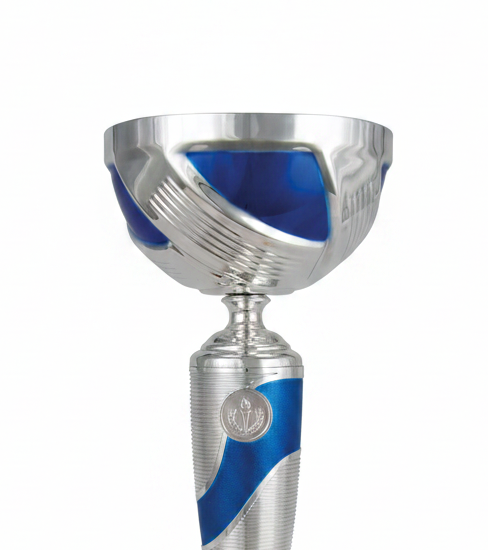 Trofeo Copa Plateada con Cuenco Ondulado y Tallo con Espiral Azul-detalle