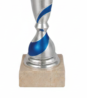 Trofeo Copa Plateada con Cuenco Ondulado y Tallo con Espiral Azul-detalle base