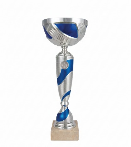 Trofeo Copa Plateada con Cuenco Ondulado y Tallo con Espiral Azul -Trofeos Robles