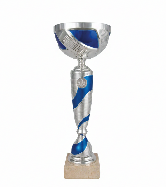 Trofeo Copa Plateada con Cuenco Ondulado y Tallo con Espiral Azul -Trofeos Robles
