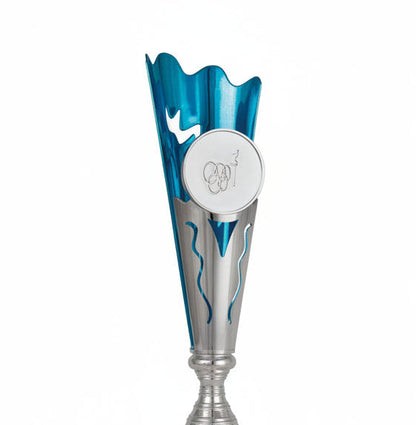 Trofeo Copa Plateada con Cuerpo Azul Metalizado Ondulado y Peana de Mármol-detalle
