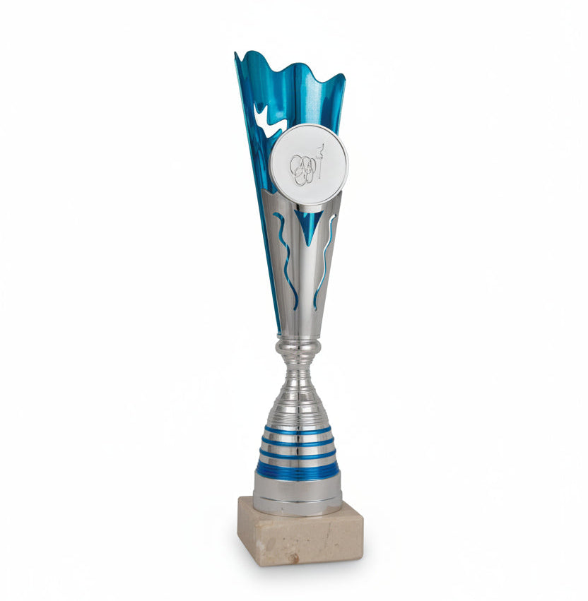 Trofeo Copa Plateada con Cuerpo Azul Metalizado Ondulado y Peana de Mármol-Trofeos Robles