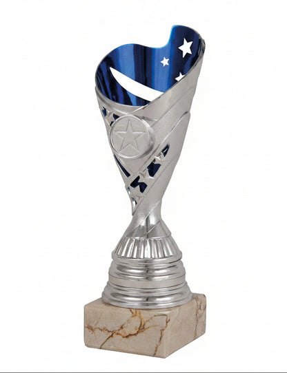 Trofeo Copa Plateada con Interior Azul Noche Decorado con Estrellas sobre Peana de Mármol Crema-Trofeos Robles