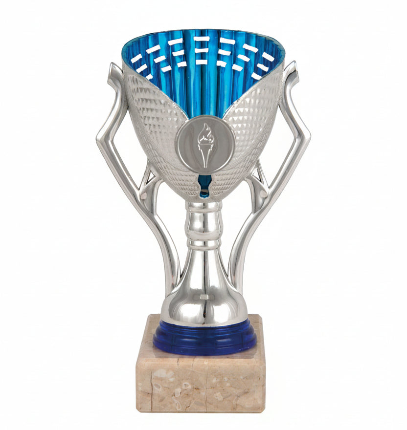 Trofeo Copa Plateada con Interior Azul y Asas Geométricas-Trofeos Robles