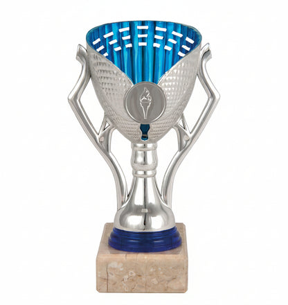 Trofeo Copa Plateada con Interior Azul y Asas Geométricas-Trofeos Robles