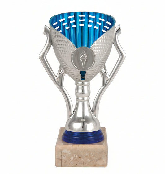 Trofeo Copa Plateada con Interior Azul y Asas Geométricas-Trofeos Robles