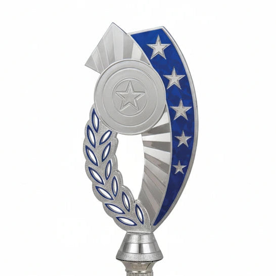 Trofeo Copa Plateada con Orla de Laurel, Estela Azul con Estrellas y Peana de Mármol-detalle