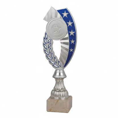 Trofeo Copa Plateada con Orla de Laurel, Estela Azul con Estrellas y Peana de Mármol-Trofeos Robles