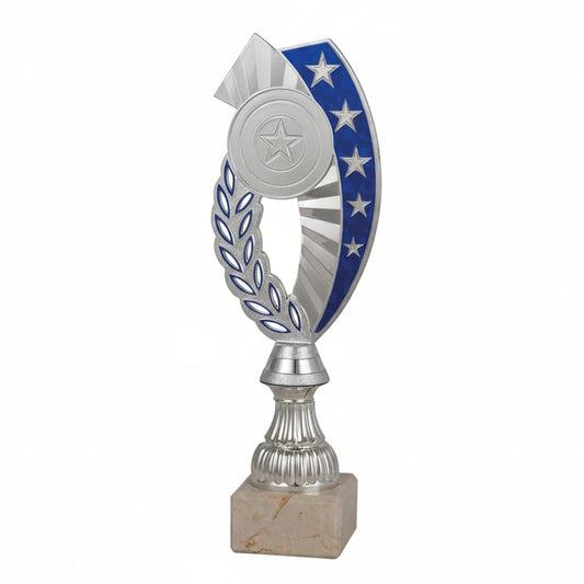 Trofeo Copa Plateada con Orla de Laurel, Estela Azul con Estrellas y Peana de Mármol-Trofeos Robles