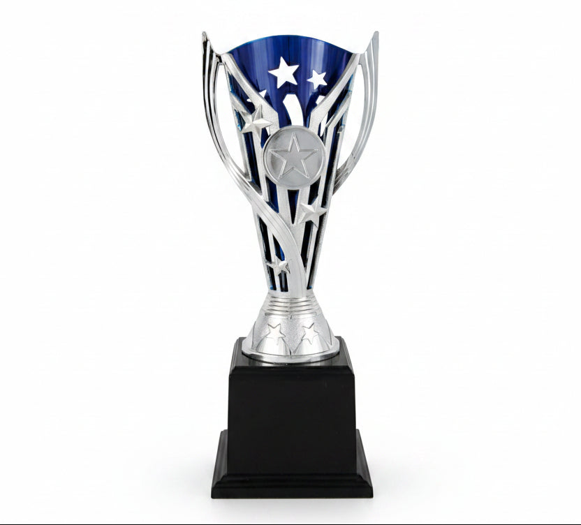 Trofeo Copa Vanguardista Plateada con Calado Estelar Azul-Trofeos Robles