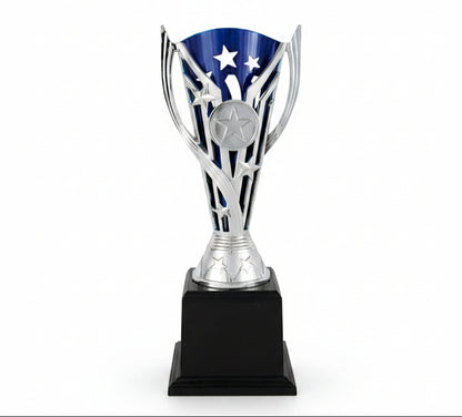 Trofeo Copa Vanguardista Plateada con Calado Estelar Azul-Trofeos Robles